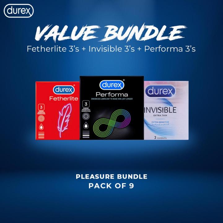 Durex Pack of 3 - Durex Condoms Fetherlite Ultra Fine Greater Sensitivity Condoms 3s + Durex Condoms Performa Longer Lasting Timing Condoms 3s + Durex Invisible Extra Thin Condoms 3's