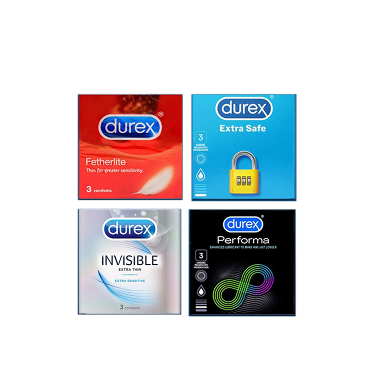 Durex Pack of 4 - Durex Fetherlite 3s, Extra safe 3s, Invisible 3s, Performa 3s