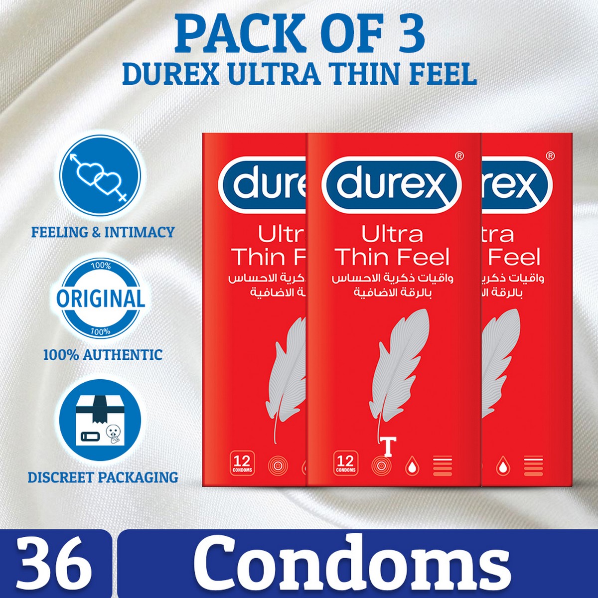 Pack of 3 durex feel ultra thin condoms 12s